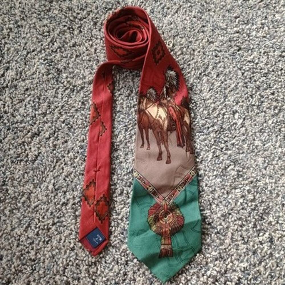 Polo Ralph Lauren Silk Tie Native American Southwest Hand Made US Indian Horse